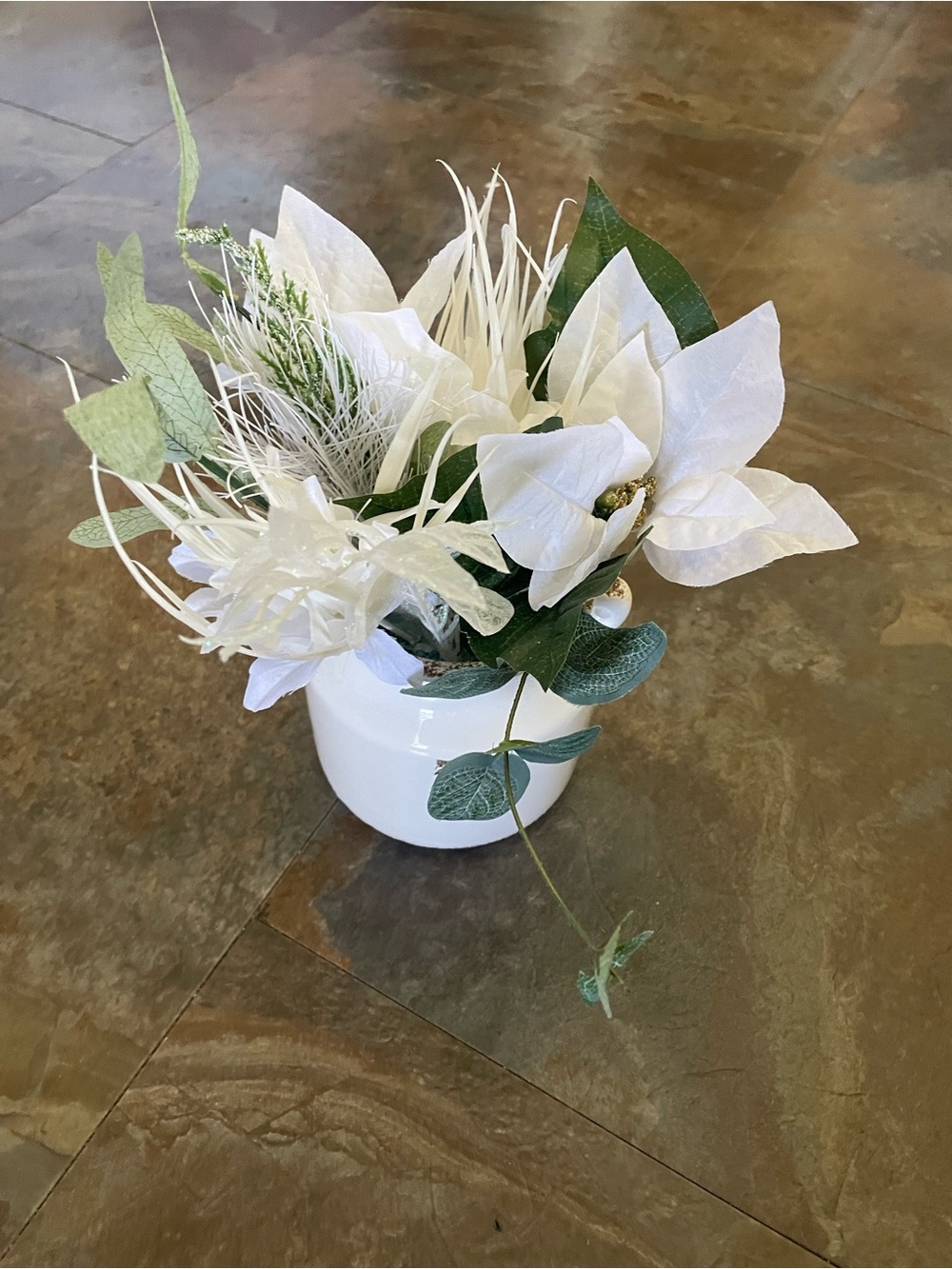 NWOT! White Faux Poinsettia and Greenery Arrangement in White Ceramic Vase - 9”